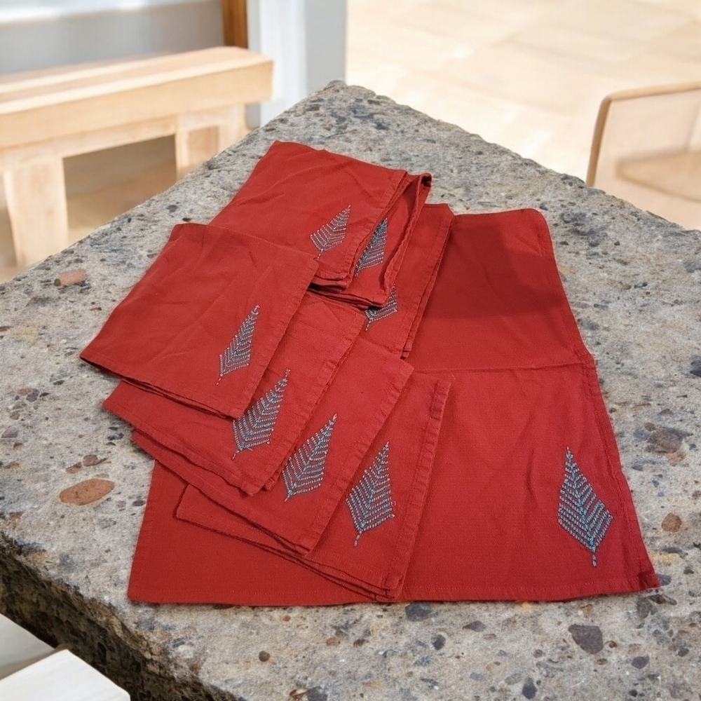 8 Red Embroidered Christmas Tree Napkins beaded 18" x 20"